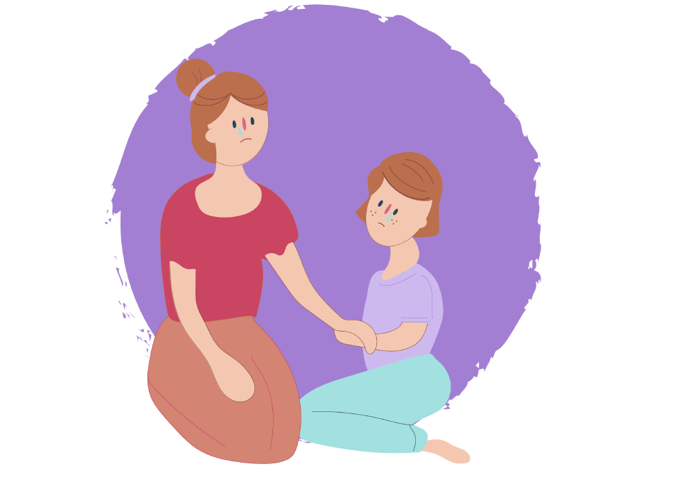 Girl sitting down looking sad with Mum who is also sad