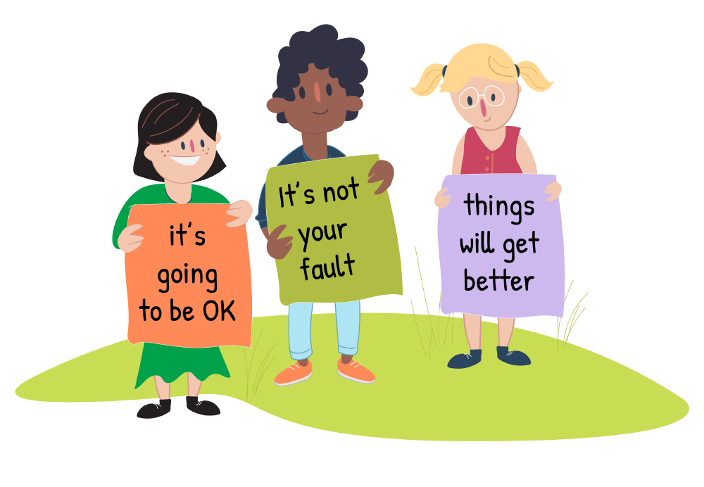 Friends holding signs with supportive messages about being bullied