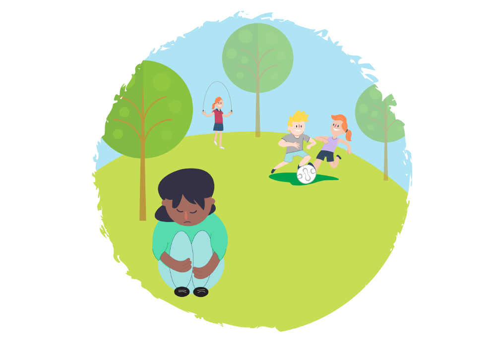 Girl sitting down looking sad while other kids play