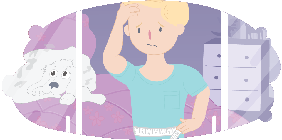 Boy measuring size of waist with tape measure