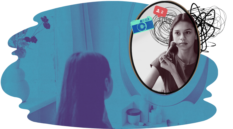 Teen girl looking in mirror, applying makeup