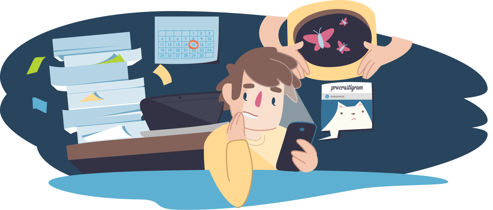 Cartoon boy procrastinating at work