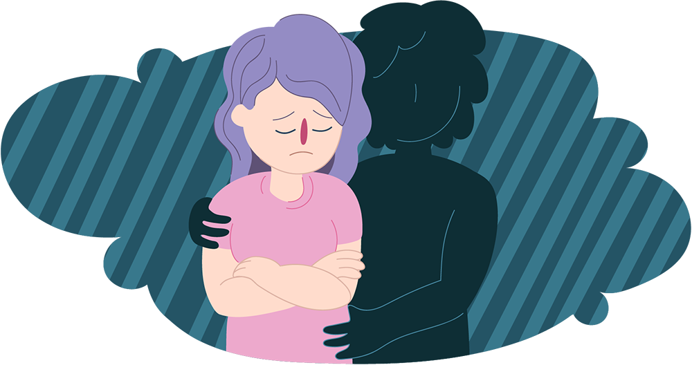 Sad woman in dark cloud being comforted by invisible person
