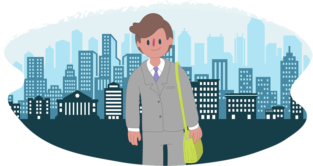 Smiling man ready to start work with a city skyline behind him