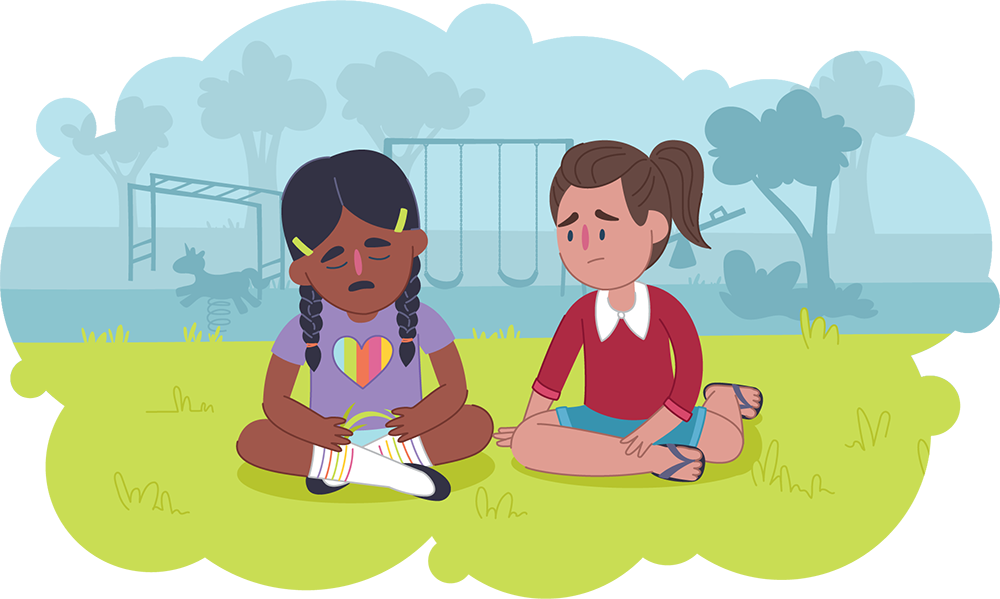 Two girls sitting in playground talking, one is upset