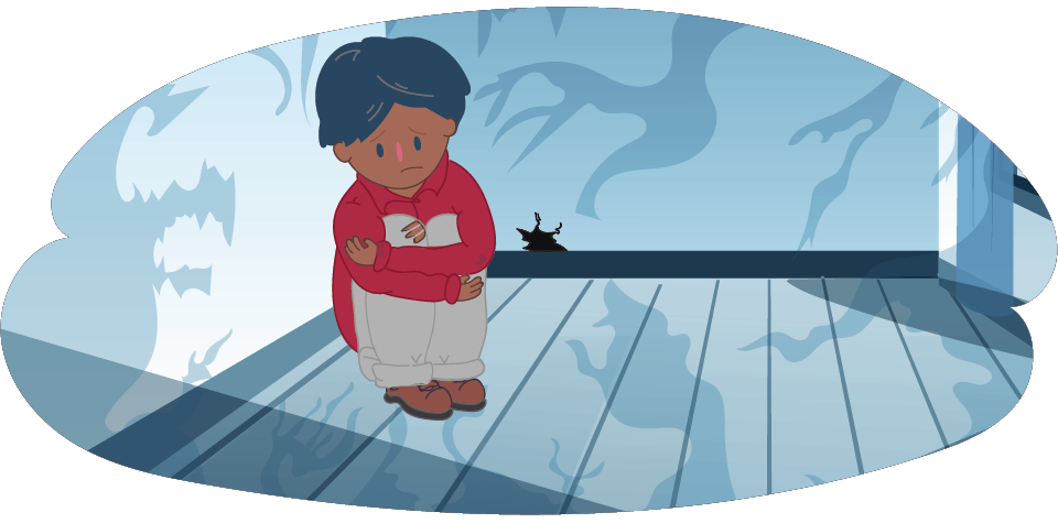 Little boy sitting alone in a room surrounded by shadows