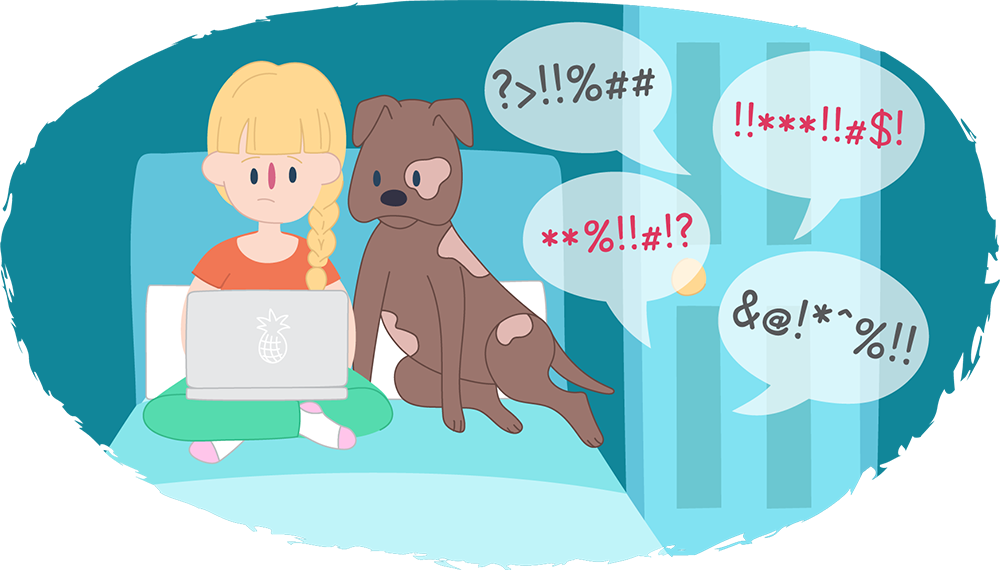 Girl in room with her dog, can hear arguing next door