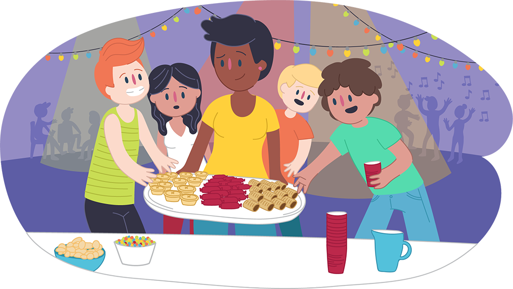 Parent putting food down for teens at a party