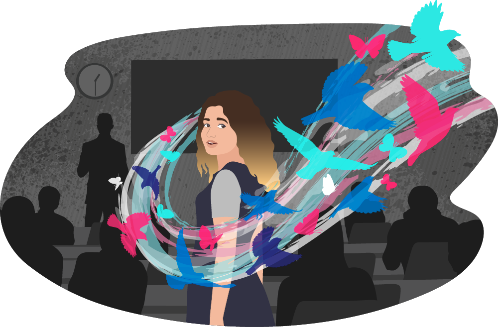 Teen in a classroom looking away from the teacher and towards colourful birds flying through the air