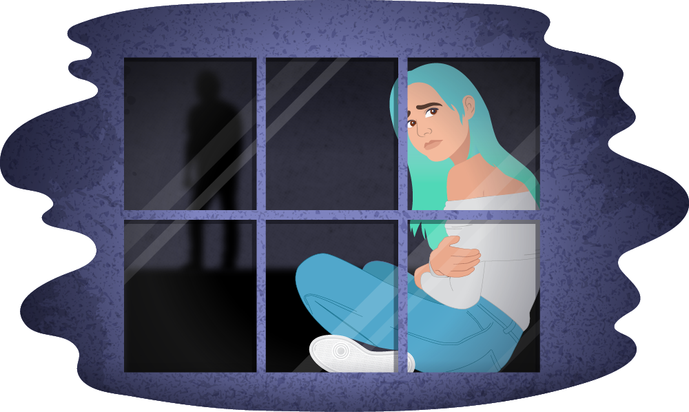 Teen girl sits looking outside a window while a shadowy figure looms in the doorway behind her