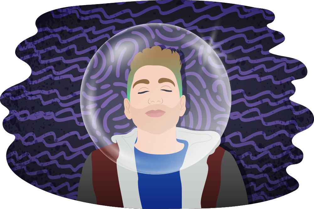 Young male with a bubble around his head, smiling with his eyes closed