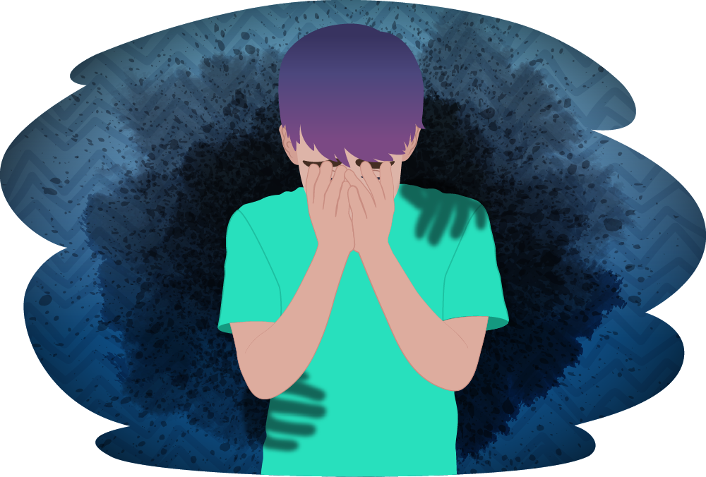 Teen boy with head in hands with shadows behind him, including two hand marks on his shoulder and waist