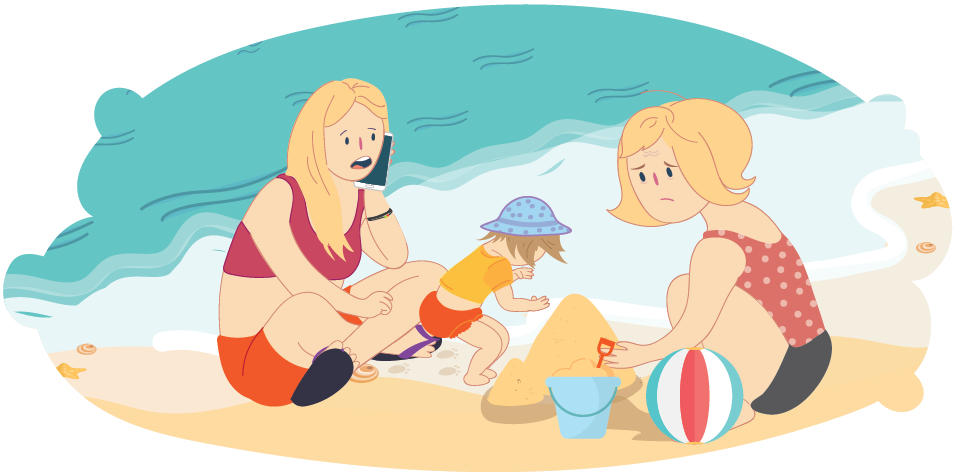 Young adult on phone not wanting to participate in family holiday at beach with mum and sibling