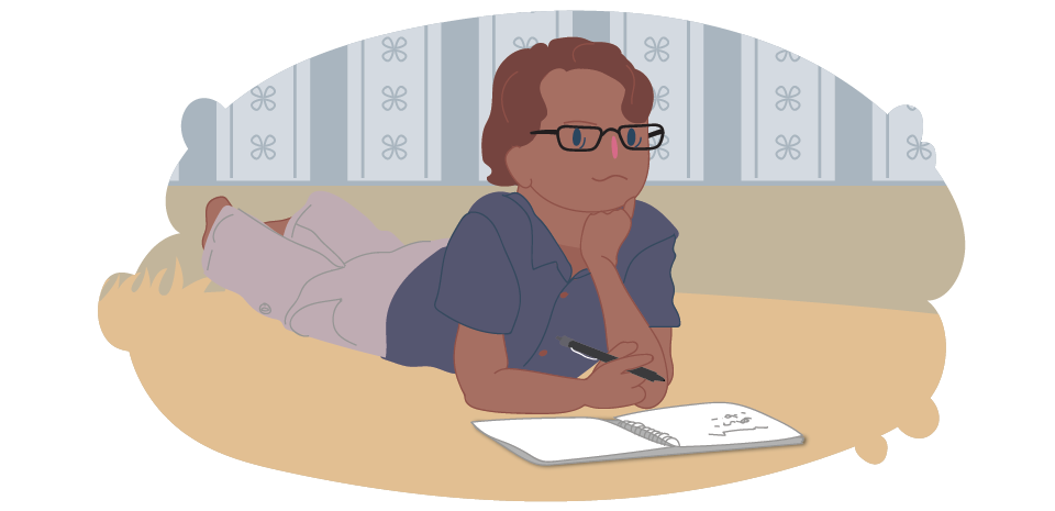 Kid using notebook and thinking/looking confused