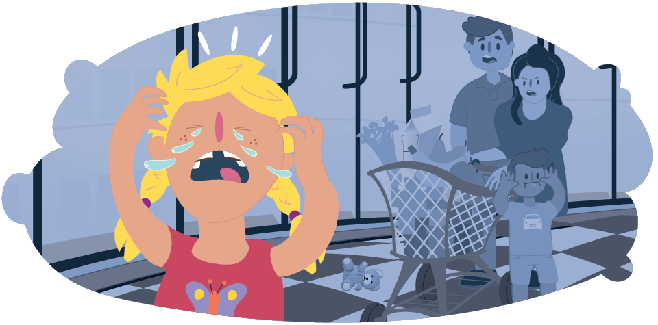 Child having stressed crying tantrum in supermarket while parents watch