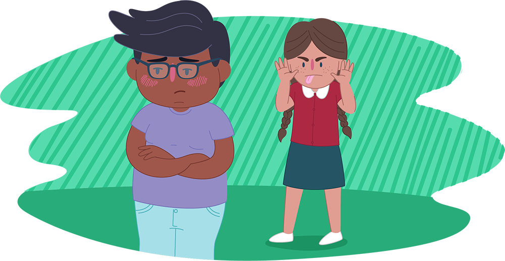 Young girl makes a rude face at a young boy who is upset