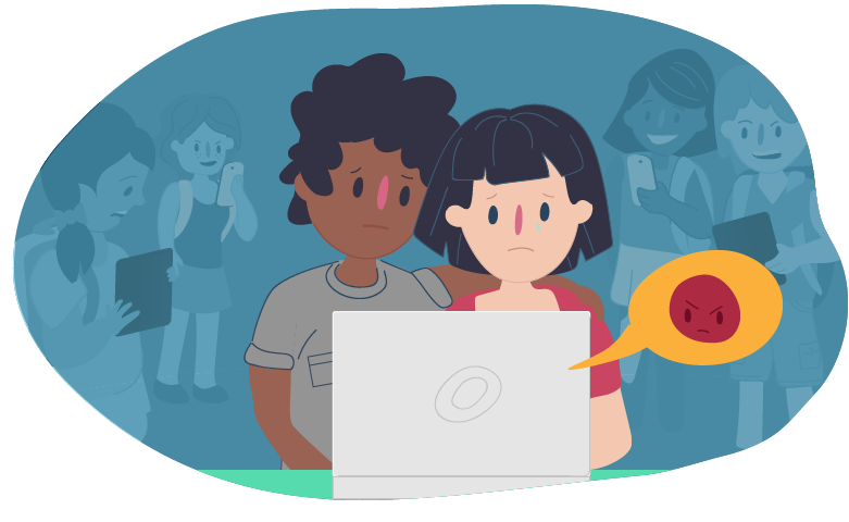 One kid has his arm around the sad girl looking at her laptop, others around laughing